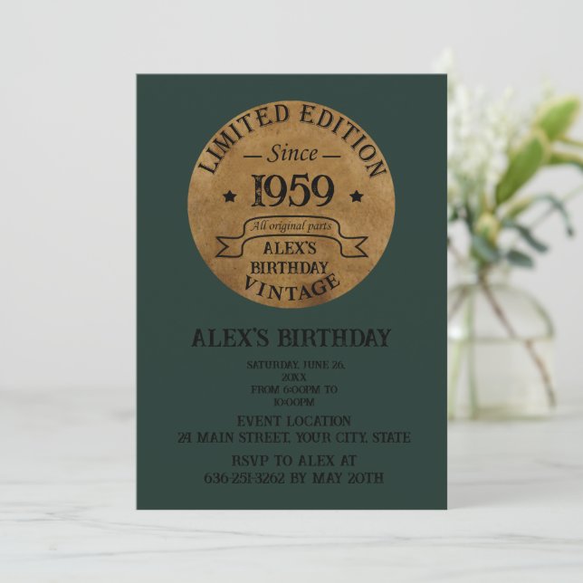Personalized vintage 65th birthday party invitation (Standing Front)