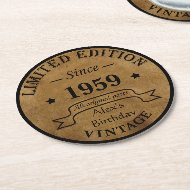Personalized vintage 65th birthday party round paper coaster (Angled)