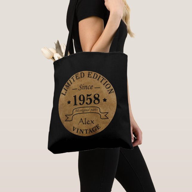 Personalized vintage 65th birthday party tote bag (Close Up)
