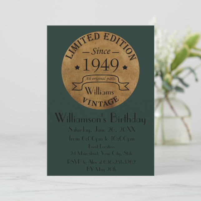 Personalized vintage 75th birthday party invitation (Standing Front)
