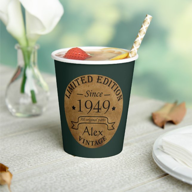 Personalized vintage 75th birthday party paper cups (Insitu)