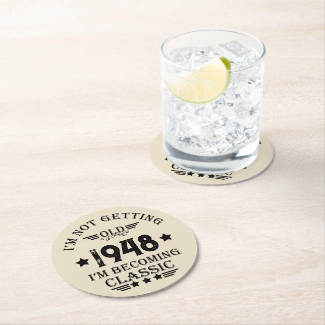 Personalized vintage 75th birthday party round paper coaster (Insitu)