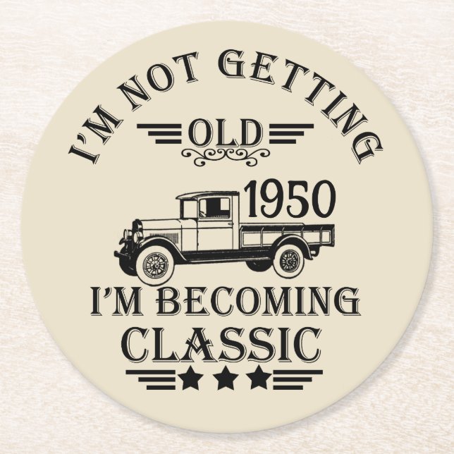 Personalized vintage 75th birthday party round paper coaster (Front)