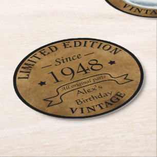 Personalized vintage 75th birthday party round paper coaster