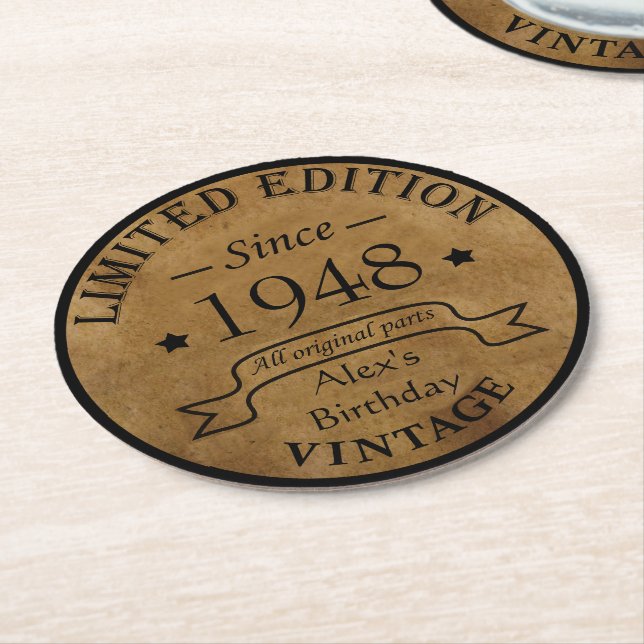 Personalized vintage 75th birthday party round paper coaster (Angled)