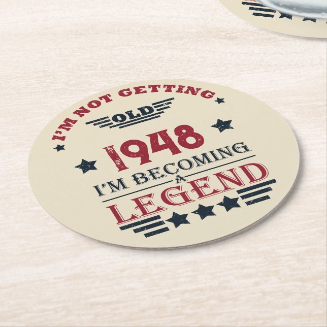 Personalized vintage 75th birthday round paper coaster (Angled)