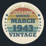 Personalized vintage 80th birthday gift classic round sticker<br><div class="desc">You can add some originality to your wardrobe collection with this vintage retro sunset graphic design with awesome typography font lettering, a great gift for men, women, husbands, wives, girlfriend, and a boyfriend who will love this one-of-a-kind artwork. The best and most fun holiday present for your happy birthday party....</div>