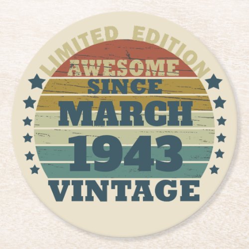 Personalized vintage 80th birthday gift round paper coaster