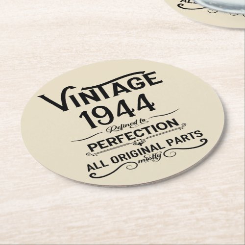 Personalized vintage 80th birthday gifts black round paper coaster
