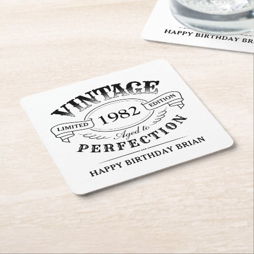 Personalized Vintage Aged To Perfection Birthday Square Paper Coaster