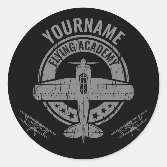 Personalized Vintage Airplane Pilot Flying Academy Classic Round Sticker (Front)