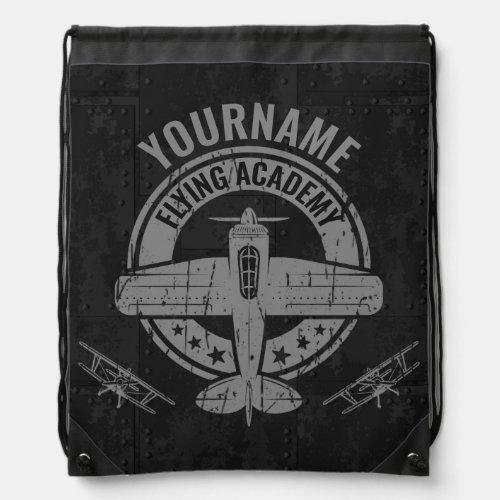 Personalized Vintage Airplane Pilot Flying Academy Drawstring Bag