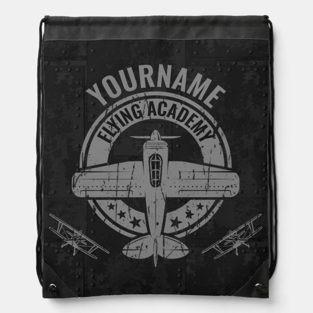 Personalized Vintage Airplane Pilot Flying Academy Drawstring Bag (Front)