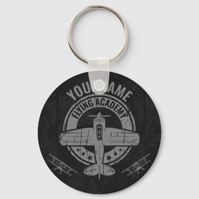 Personalized Vintage Airplane Pilot Flying Academy Keychain (Front)
