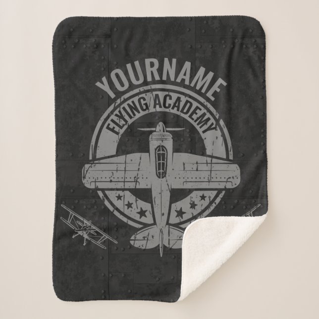 Personalized Vintage Airplane Pilot Flying Academy Sherpa Blanket (Front)
