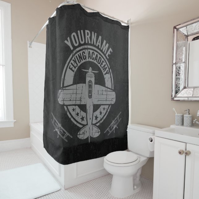 Personalized Vintage Airplane Pilot Flying Academy Shower Curtain (In Situ)
