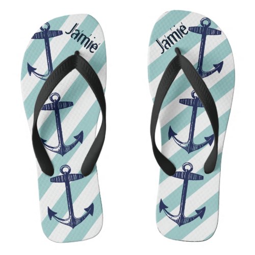 Personalized Vintage Anchor and Stripes Pattern Flip Flops