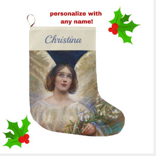 Personalized Vintage Angel and White Lily Flowers Large Christmas Stocking