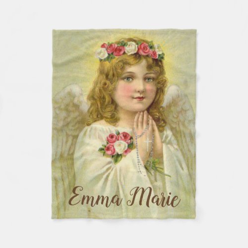 Personalized Vintage Angel praying Rosary Fleece Blanket