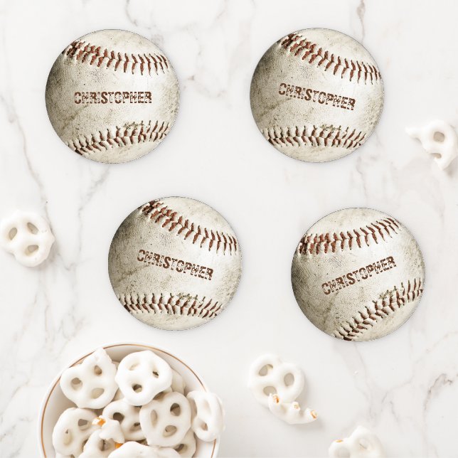 Personalized Vintage Baseball Coaster Set (In Situ)
