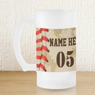 Personalized Vintage Baseball Name Number Retro Frosted Glass Beer Mug
