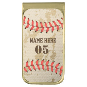 Personalized Vintage Baseball Name Number Retro Gold Finish Money Clip
