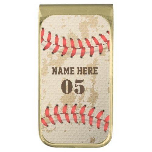 Personalized Vintage Baseball Name Number Retro Gold Finish Money Clip