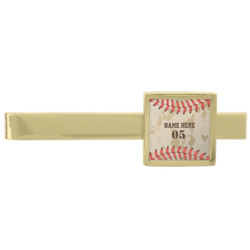 Personalized Vintage Baseball Name Number Retro Gold Finish Tie Bar