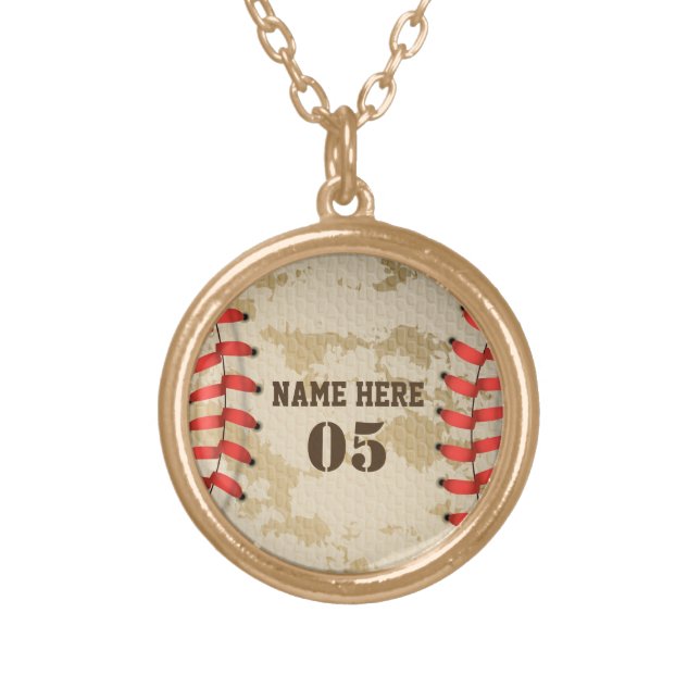 Personalized Vintage Baseball Name Number Retro Gold Plated Necklace (Front)