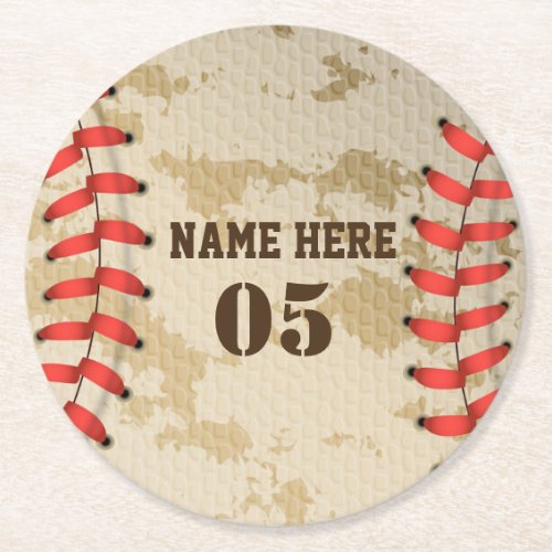 Personalized Vintage Baseball Name Number Retro Round Paper Coaster