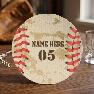 Personalized Vintage Baseball Name Number Retro Round Paper Coaster