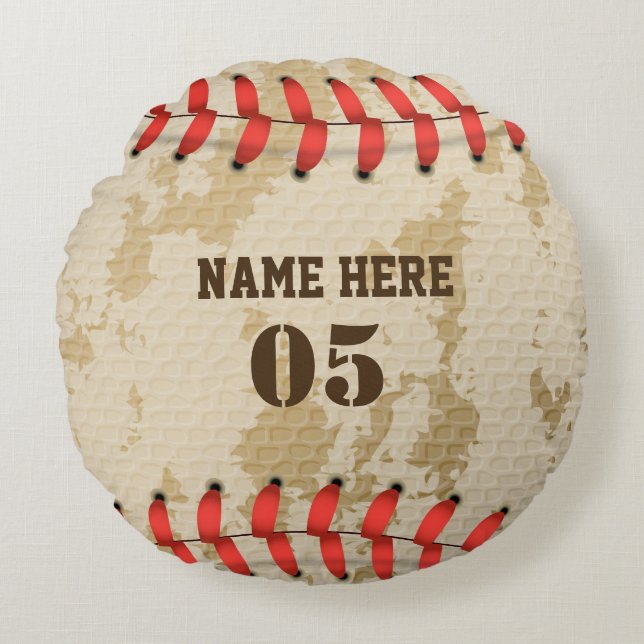 Personalized Vintage Baseball Name Number Retro Round Pillow (Front)