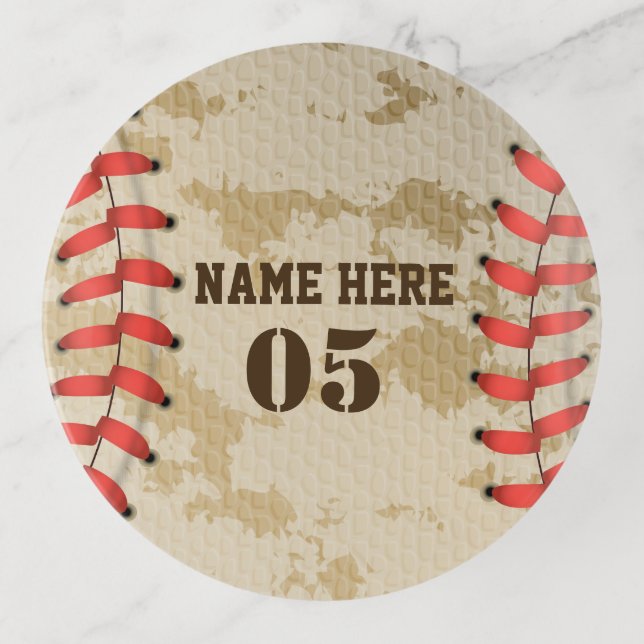 Personalized Vintage Baseball Name Number Retro Trinket Tray (Front)