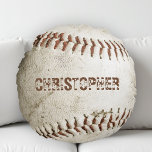Personalized Vintage Baseball Round Pillow<br><div class="desc">A photo of a worn baseball provides the background for this personalized round throw pillow featuring a customizable name in distressed font in a shade of reddish brown that matches the stitching. Ideal for the baseball or sports fan on your gift list.</div>