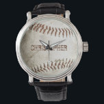 Personalized Vintage Baseball Watch<br><div class="desc">A photo of a worn baseball provides the background for this personalized watch,  featuring a customizable name in distressed font in a shade of reddish brown that matches the stitching. Ideal for the baseball or sports fan on your gift list.</div>