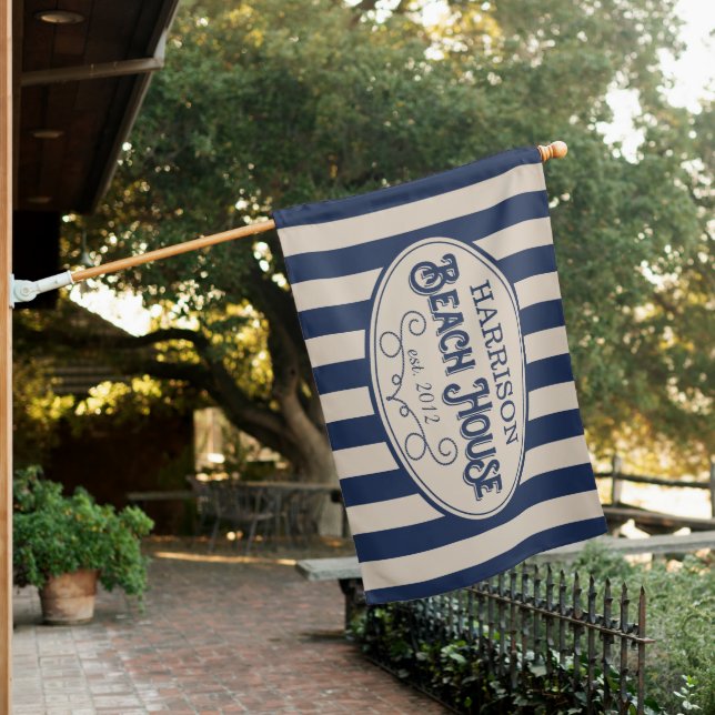 Personalized Vintage Beach House Stripe Flag (In SItu)