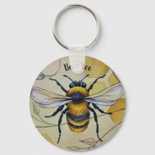 Personalized Vintage Bee No. 1 and Honeycomb Art Keychain