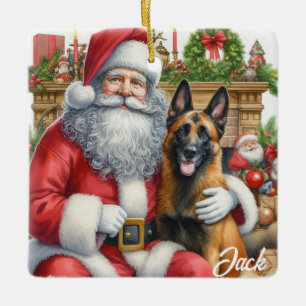 Personalized Vintage Belgian Malinois with Santa Ceramic Ornament