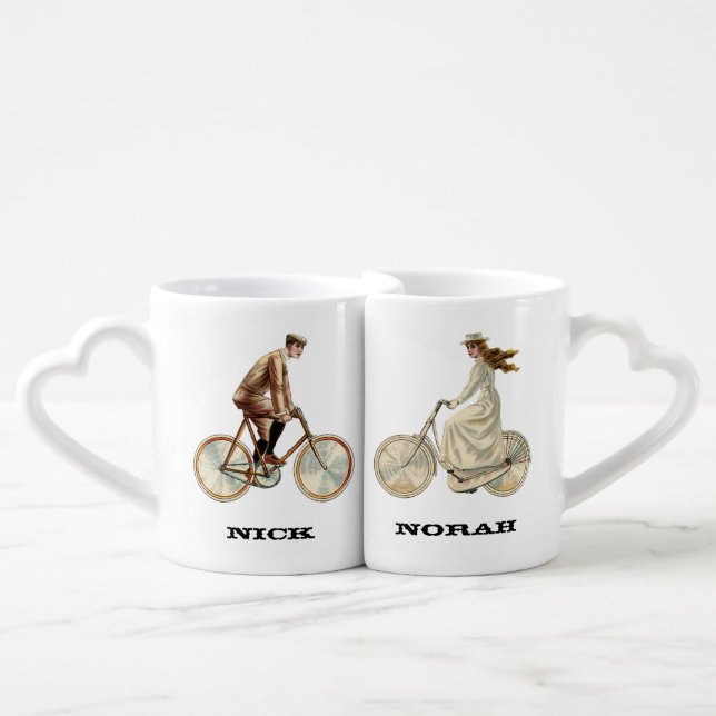 Personalized Vintage Bicycle Riding Sweethearts Coffee Mug Set (Front Nesting)
