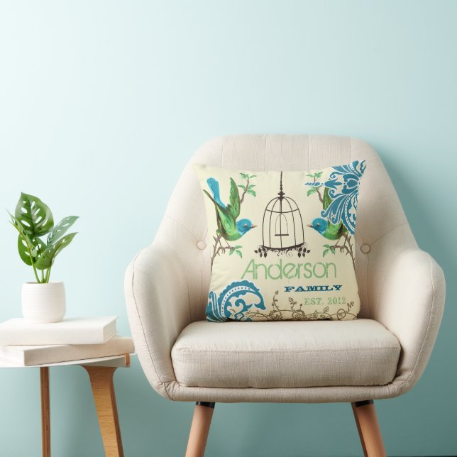 Personalized Vintage Bird Birdcage Damask Throw Pillow (Chair)