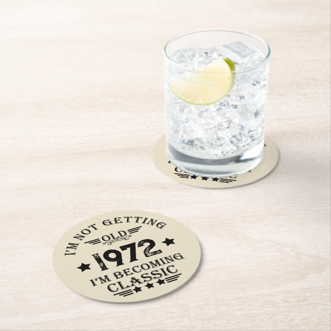 Personalized vintage birthday gift black round paper coaster (Insitu)