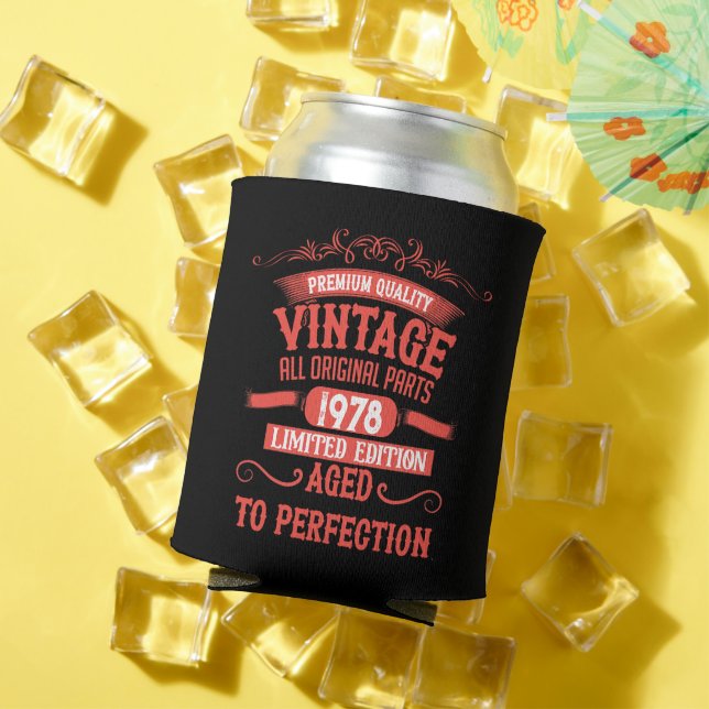 Personalized vintage birthday gifts red can cooler (In Situ Summer)
