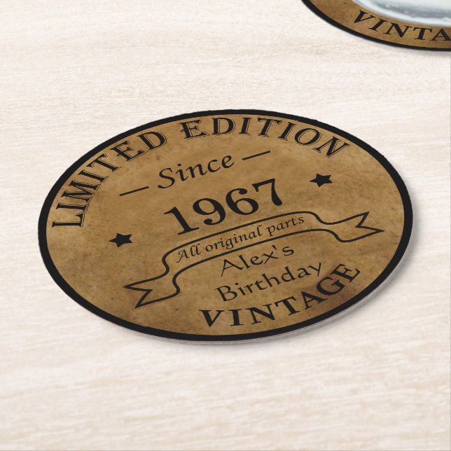 Personalized vintage birthday gifts round paper coaster (Angled)