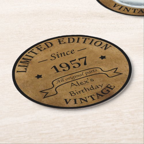 Personalized vintage birthday round paper coaster