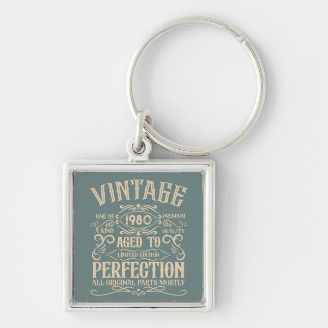Personalized vintage birthday whiskey label themed keychain (Front)