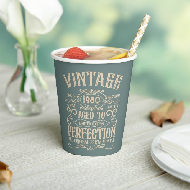 Personalized vintage birthday whiskey label themed paper cups (Insitu)