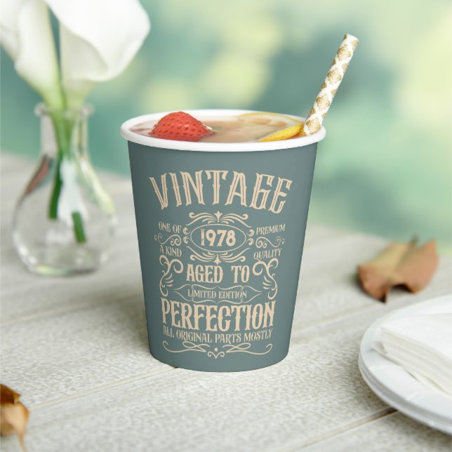 Personalized vintage birthday whiskey label themed paper cups (Insitu)