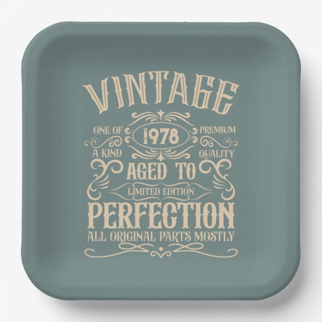 Personalized vintage birthday whiskey label themed paper plates (Front)
