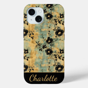 Personalized Vintage Black & Gold Floral  iPhone 15 Case