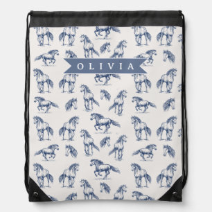 Personalized Vintage Blue Horse Classic Country Drawstring Bag